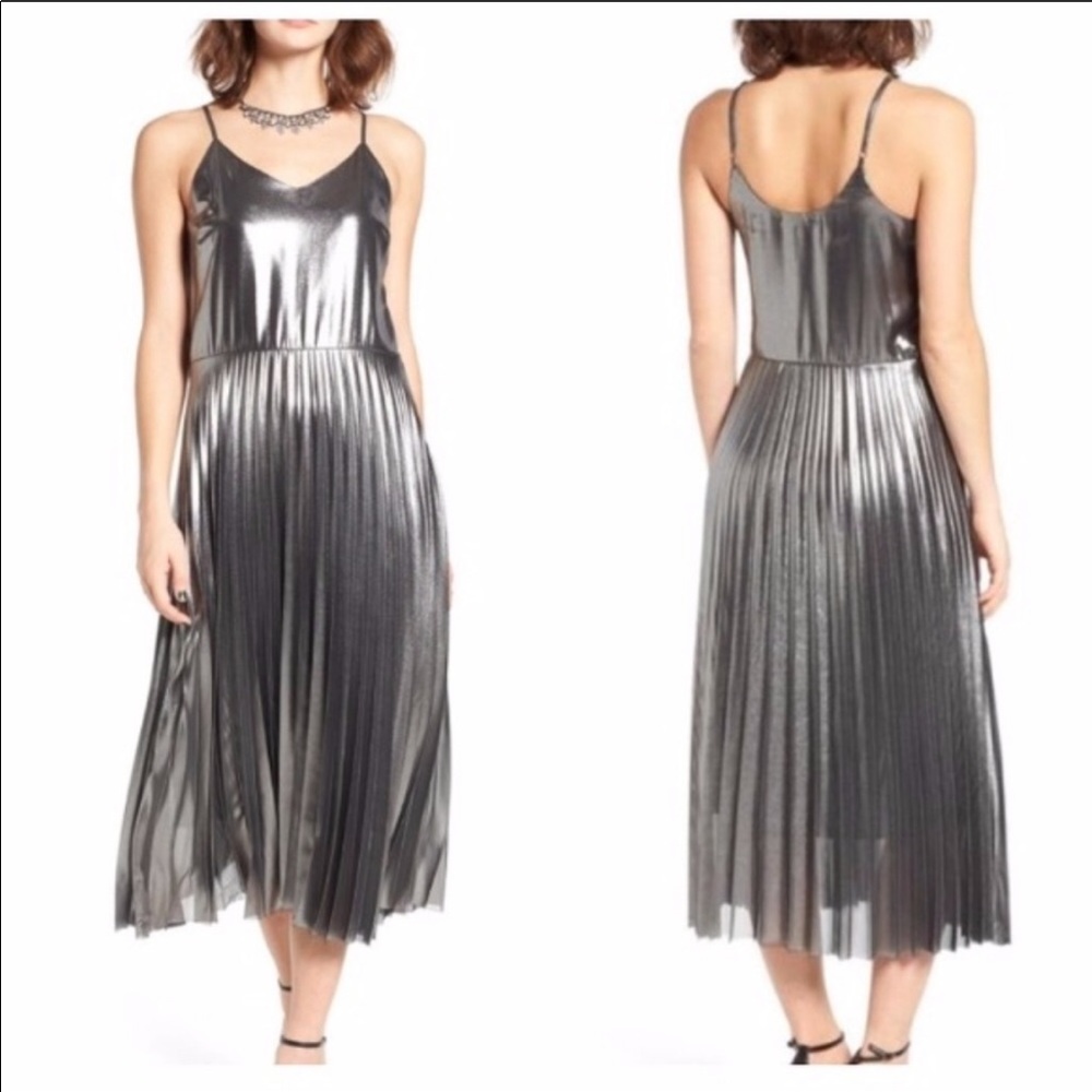 love, Fire Metallic Dark Silver Pleated Midi Dress